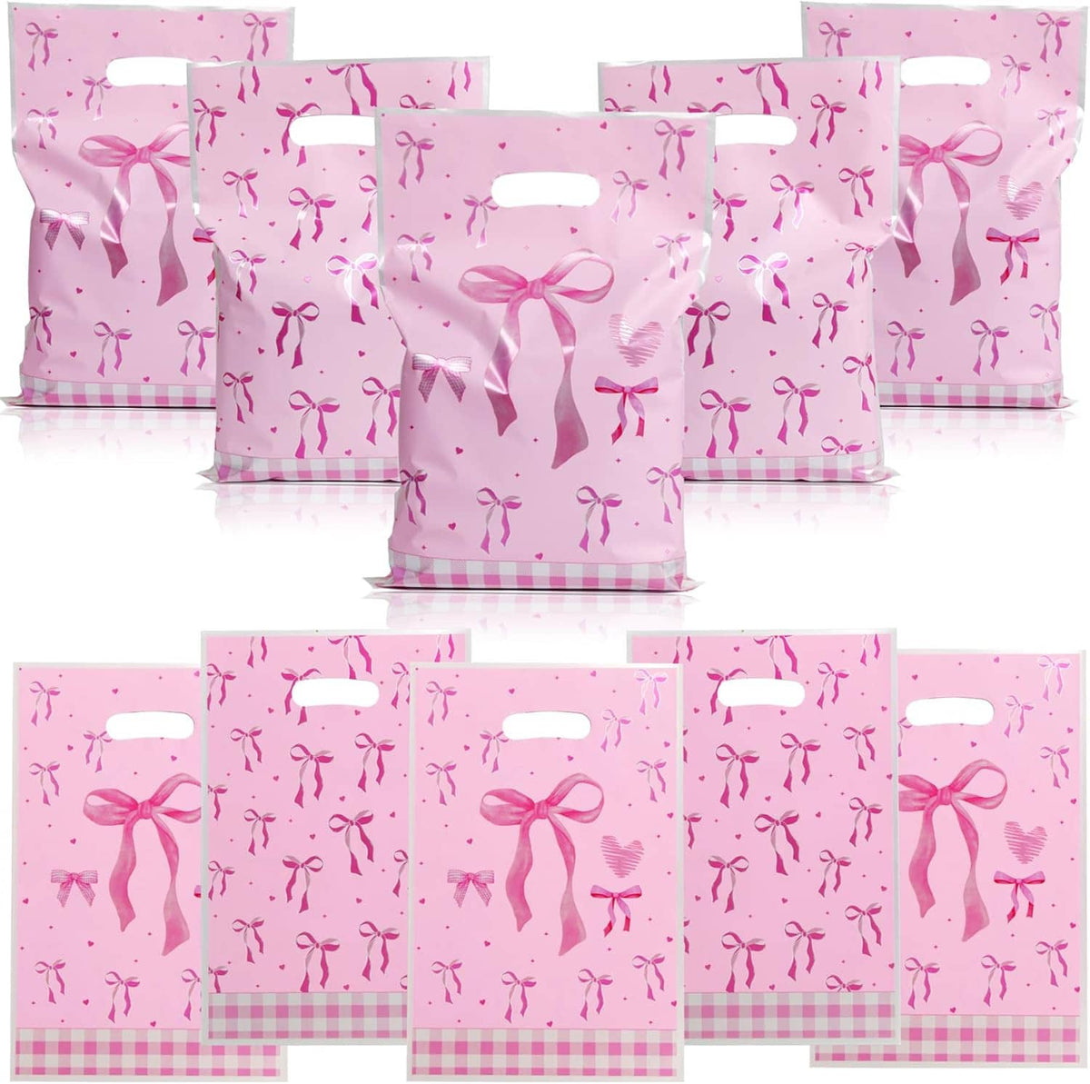 Pink bow pattern plastic treat candy bags set with top handle cutouts and checkered bottoms