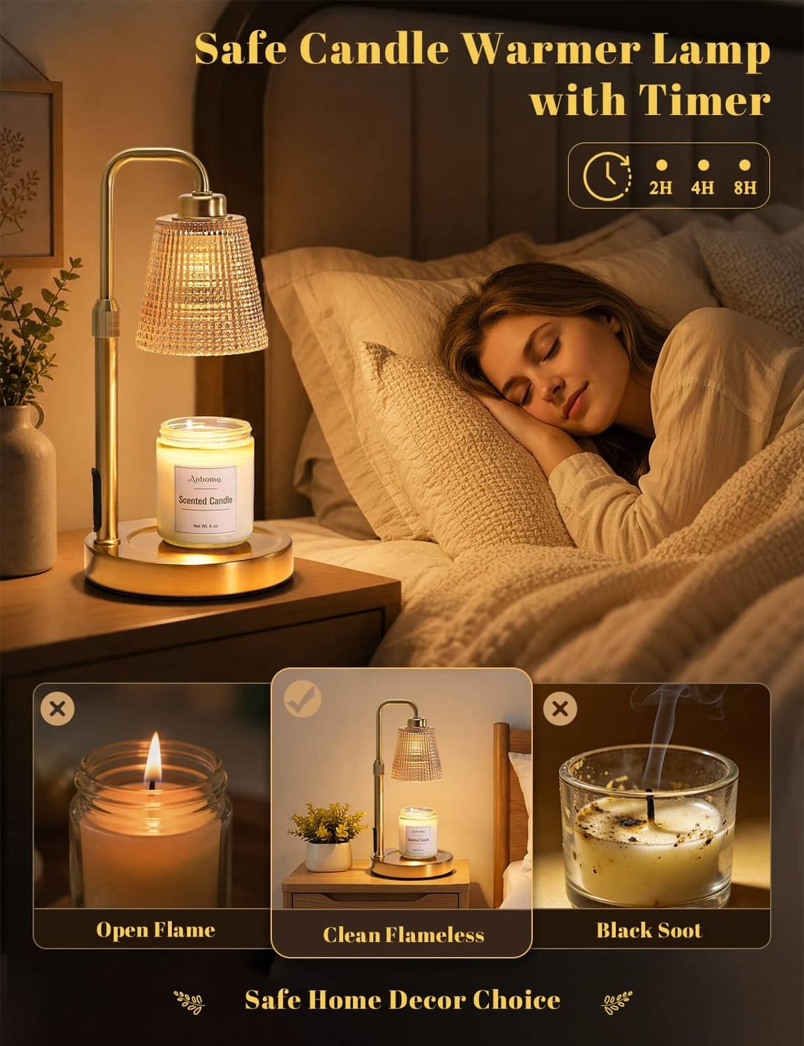 Gold candle warmer lamp with amber shade and warm jar candle on bedside table
