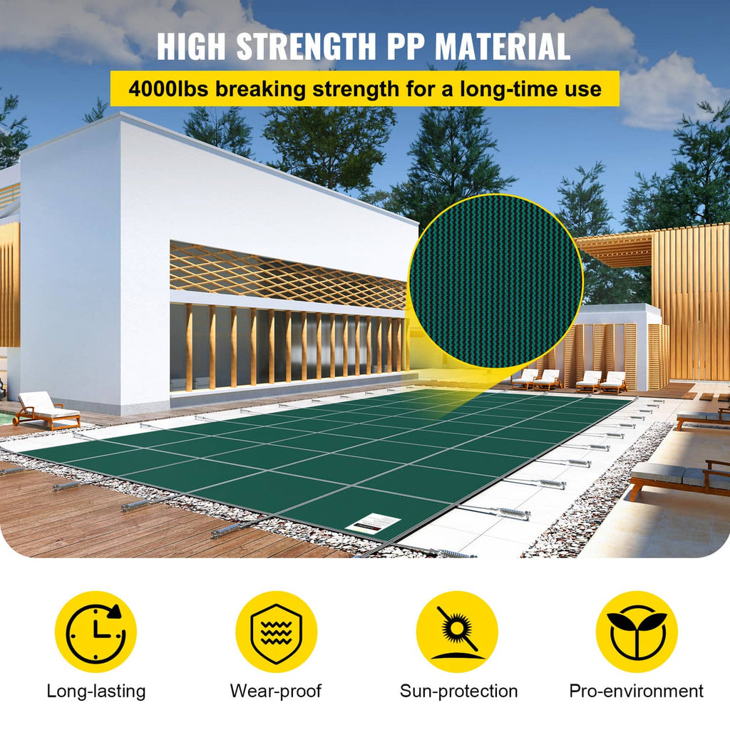 Green pool winter safety cover sheet with square grid mesh on a secured frame