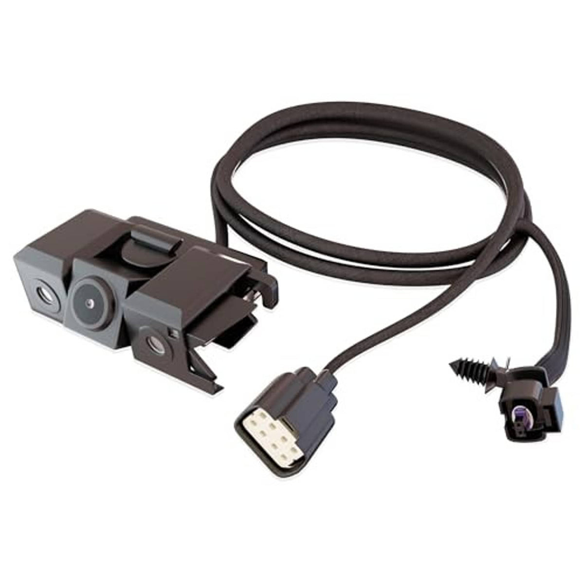 Rear view backup camera with mounting bracket and cable harness, gray/black connectors