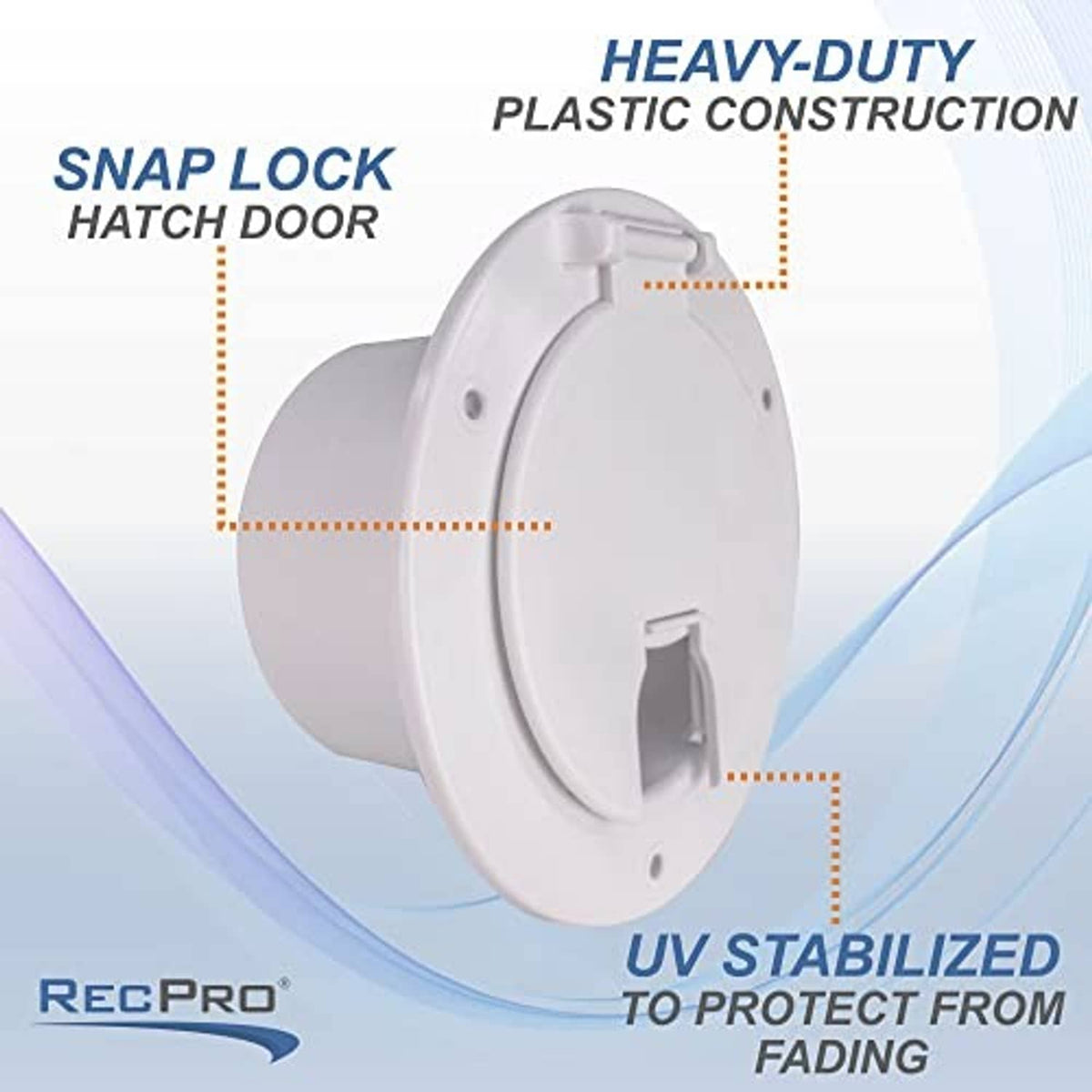 White snap-lock RV power cord hatch door, circular panel with cord inlet