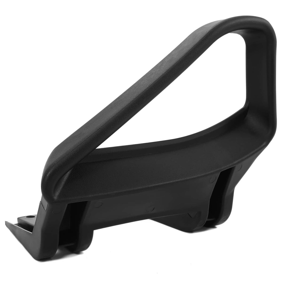 Single black plastic golf cart seat armrest/hip restraint bracket, close-up