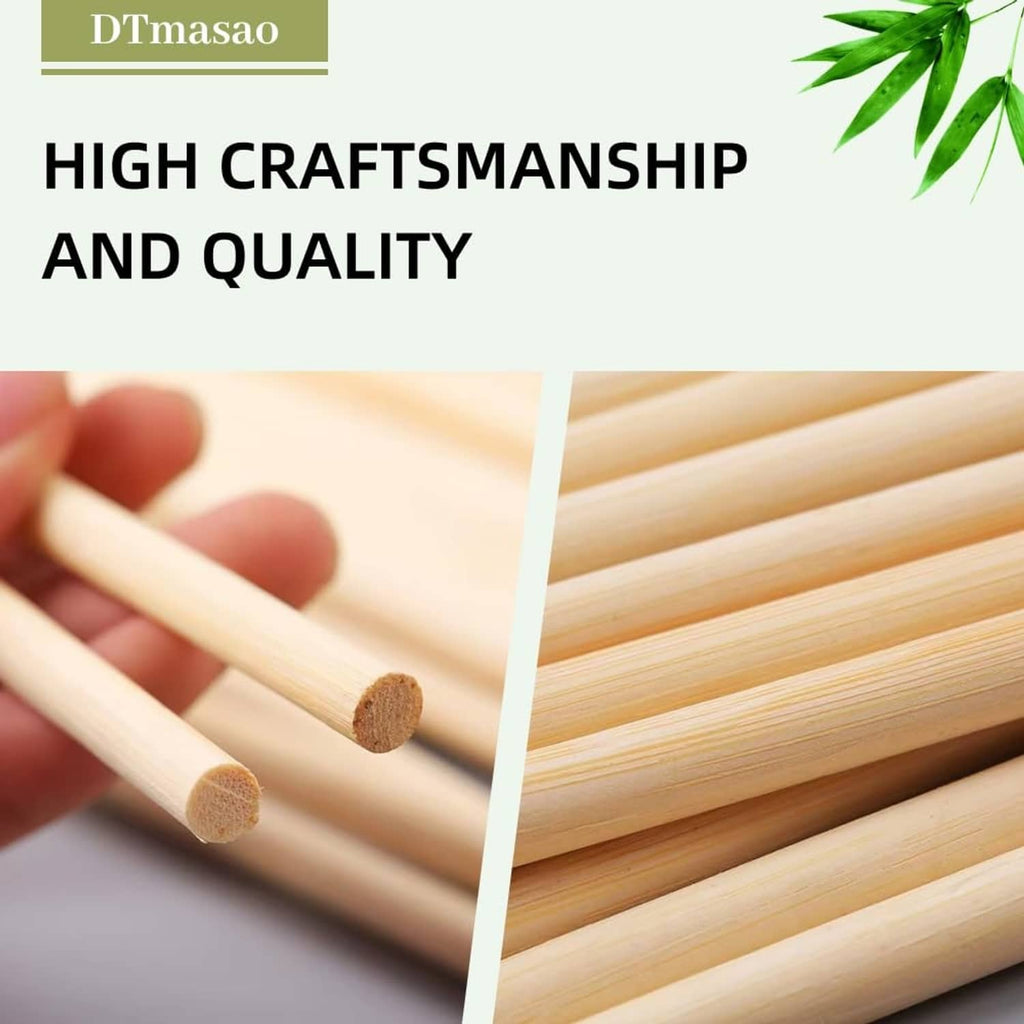 Hand holding a small bamboo dowel rod among several matching rods