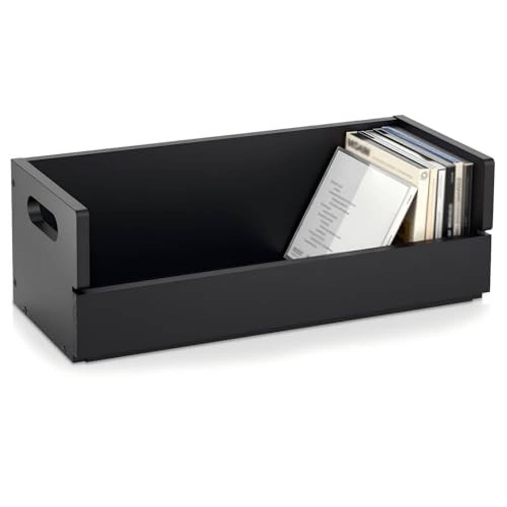 Black CD storage box shelf with front open slot and CD cases displayed