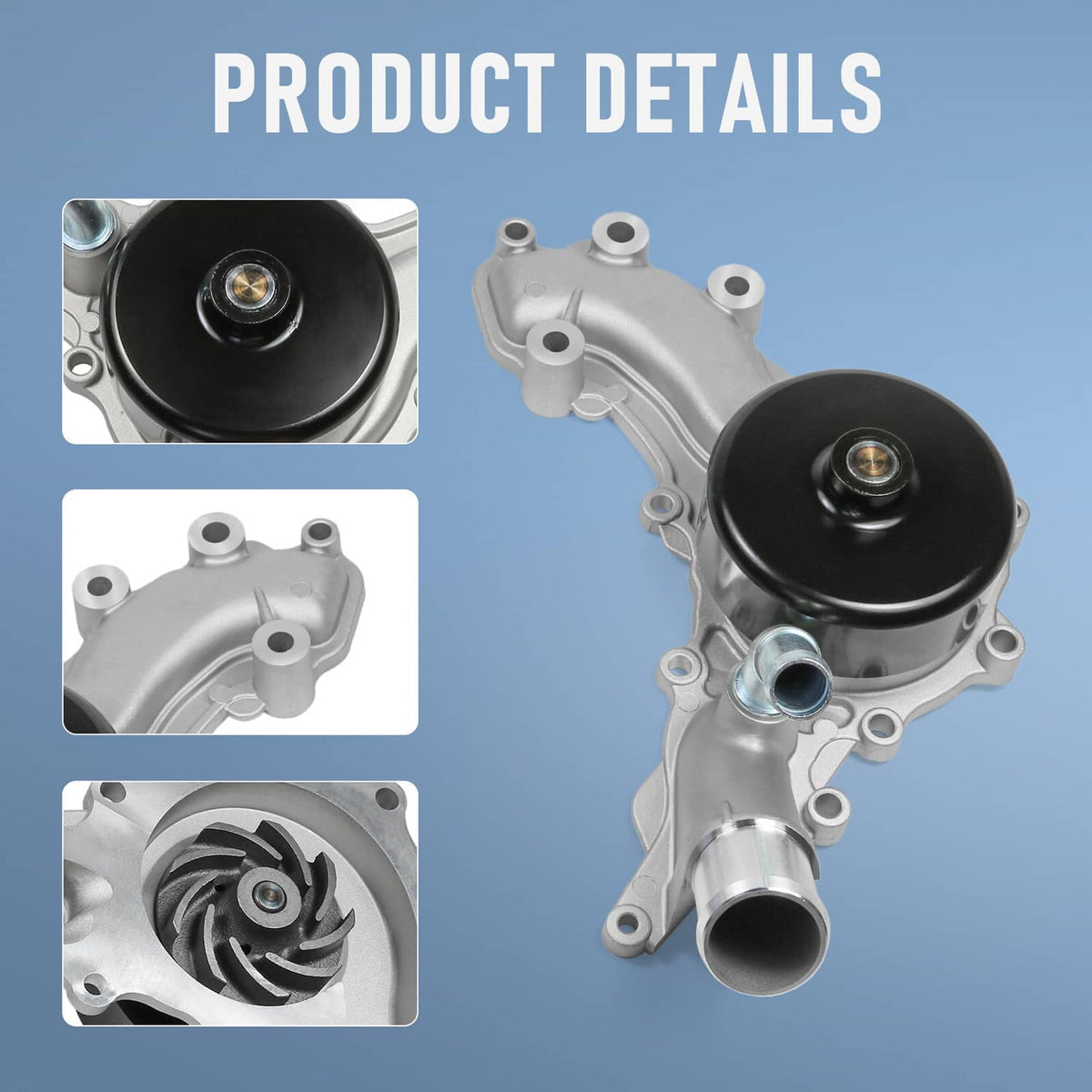 Water pump assembly with black pulley, plus close-up detail of pump components