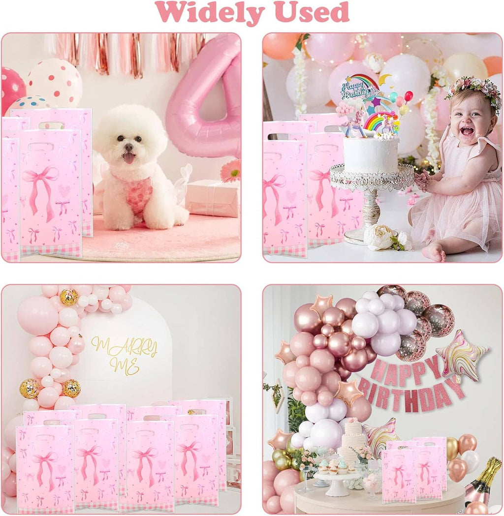 Pink bow gift bags with ribbon and heart pattern in party display photos