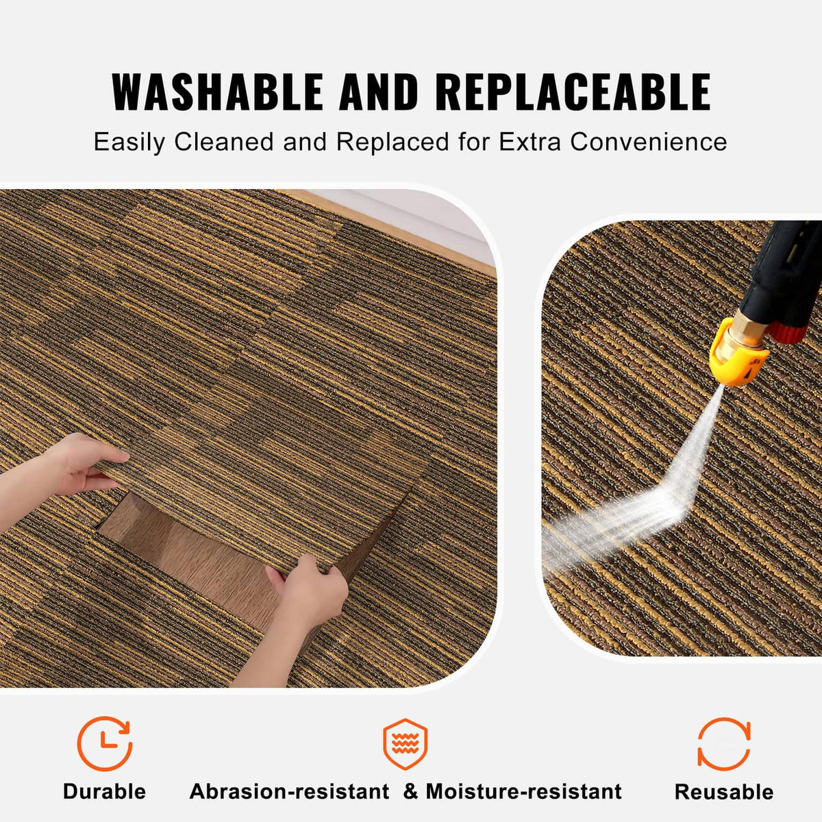 Brown striped carpet tile being lifted from the floor surface for removal or cleaning