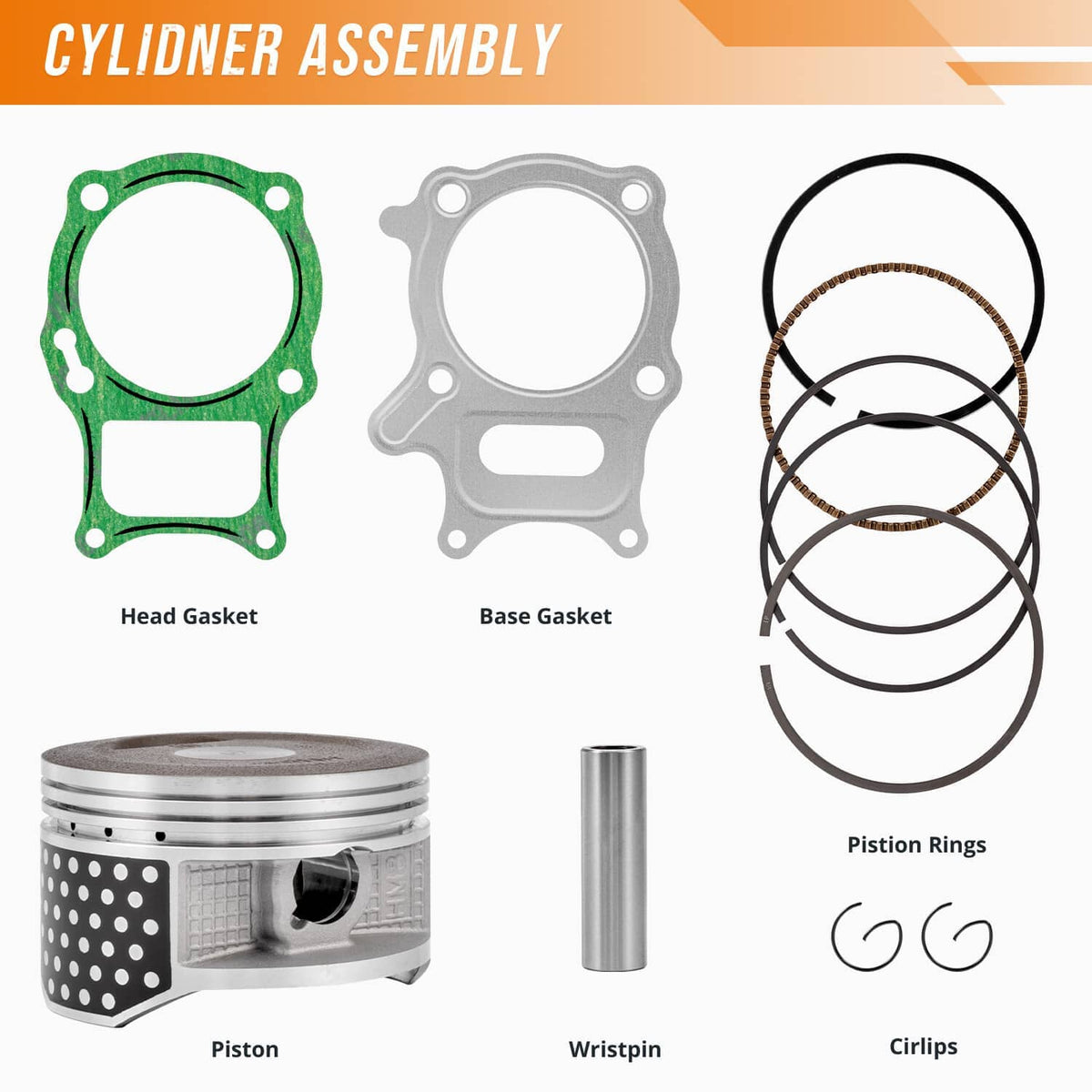 Cylinder assembly parts kit with head and base gaskets, piston, wrist pin, and rings