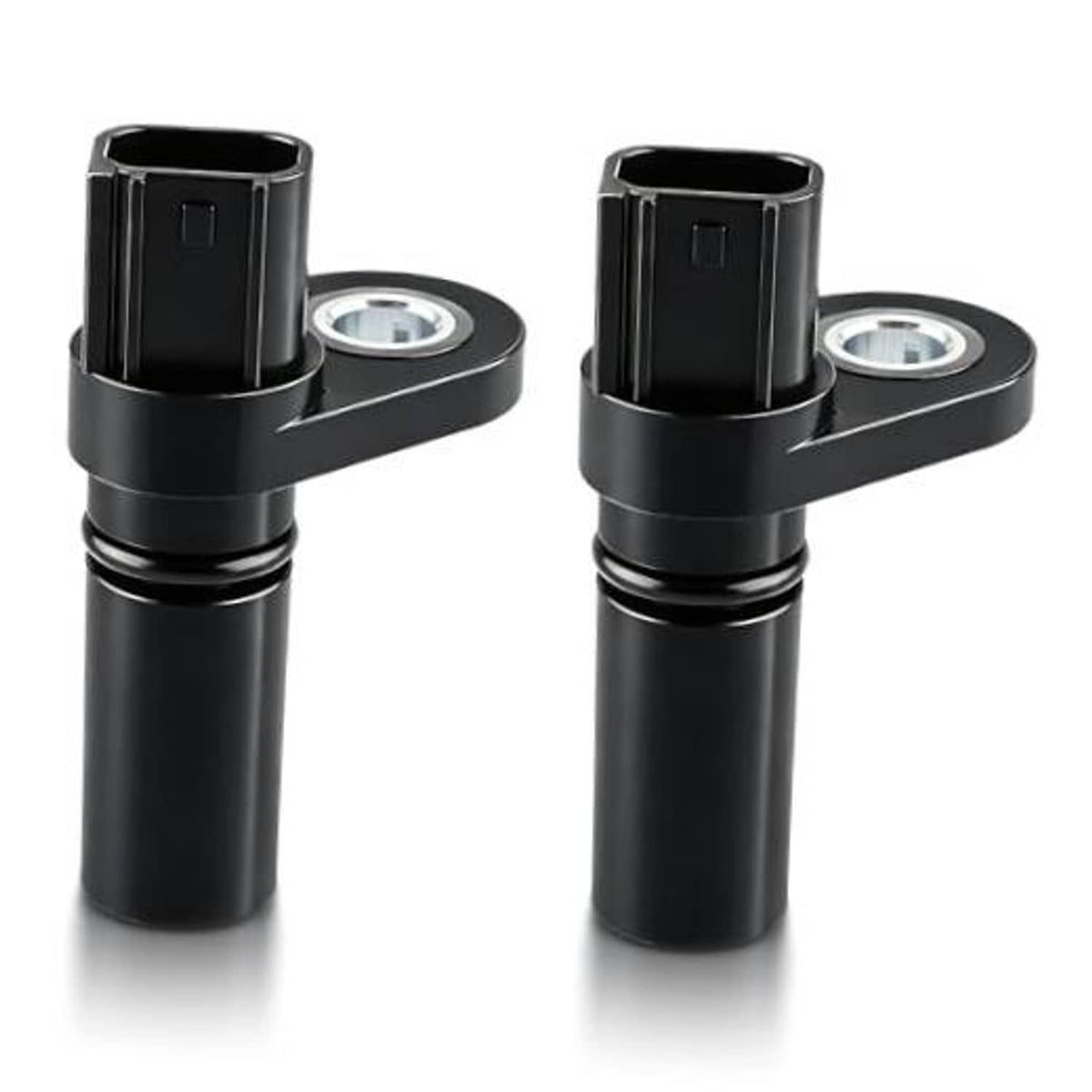 Camshaft position sensor with black body and metal mounting ring, angled view