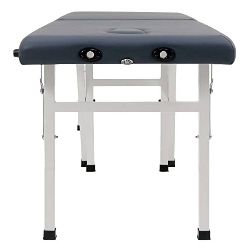 Front view of royal blue portable massage table with control panel and white metal legs