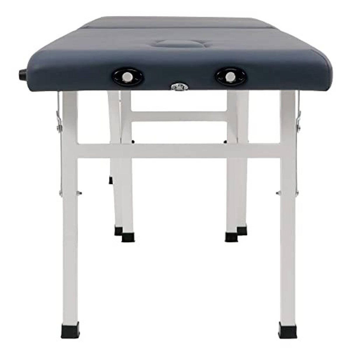 Front view of royal blue portable massage table with control panel and white metal legs