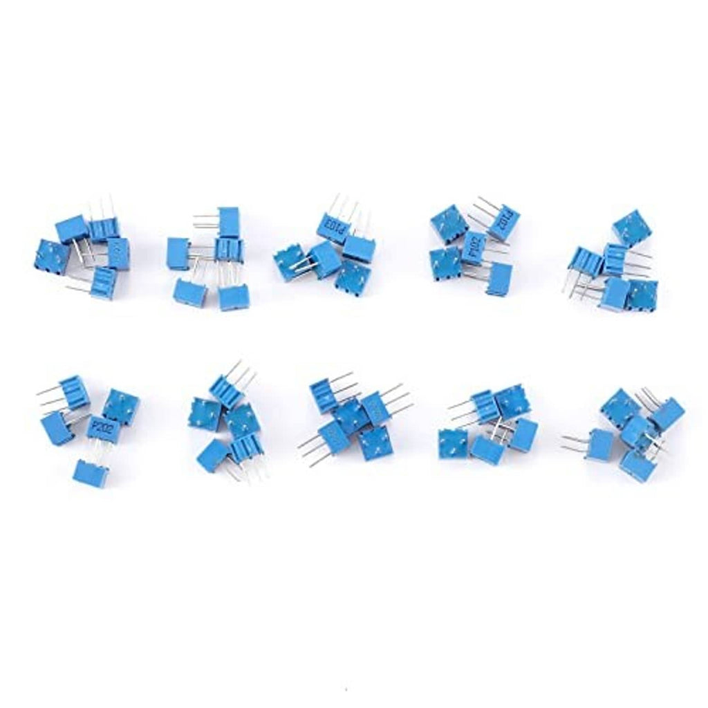 Set of blue single-turn trimmer potentiometers with three metal leads each.
