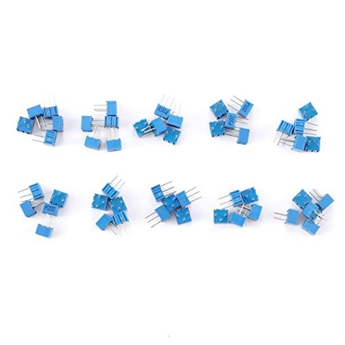 Set of blue single-turn trimmer potentiometers with three metal leads each.