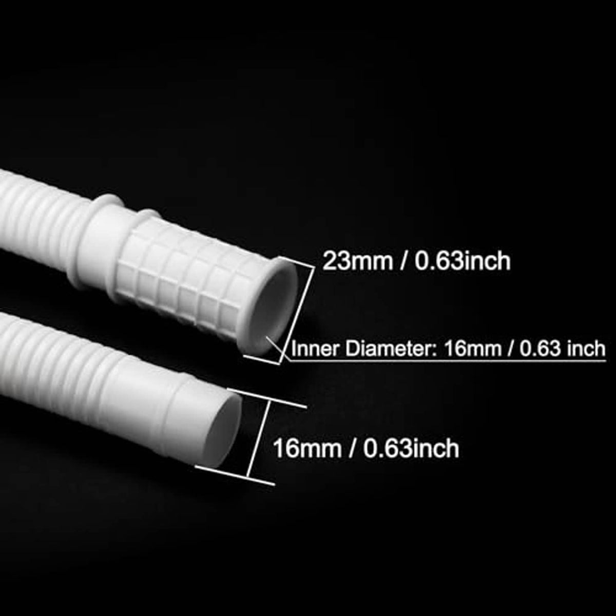 White corrugated drain hose showing 16mm inner diameter and 23mm outer diameter