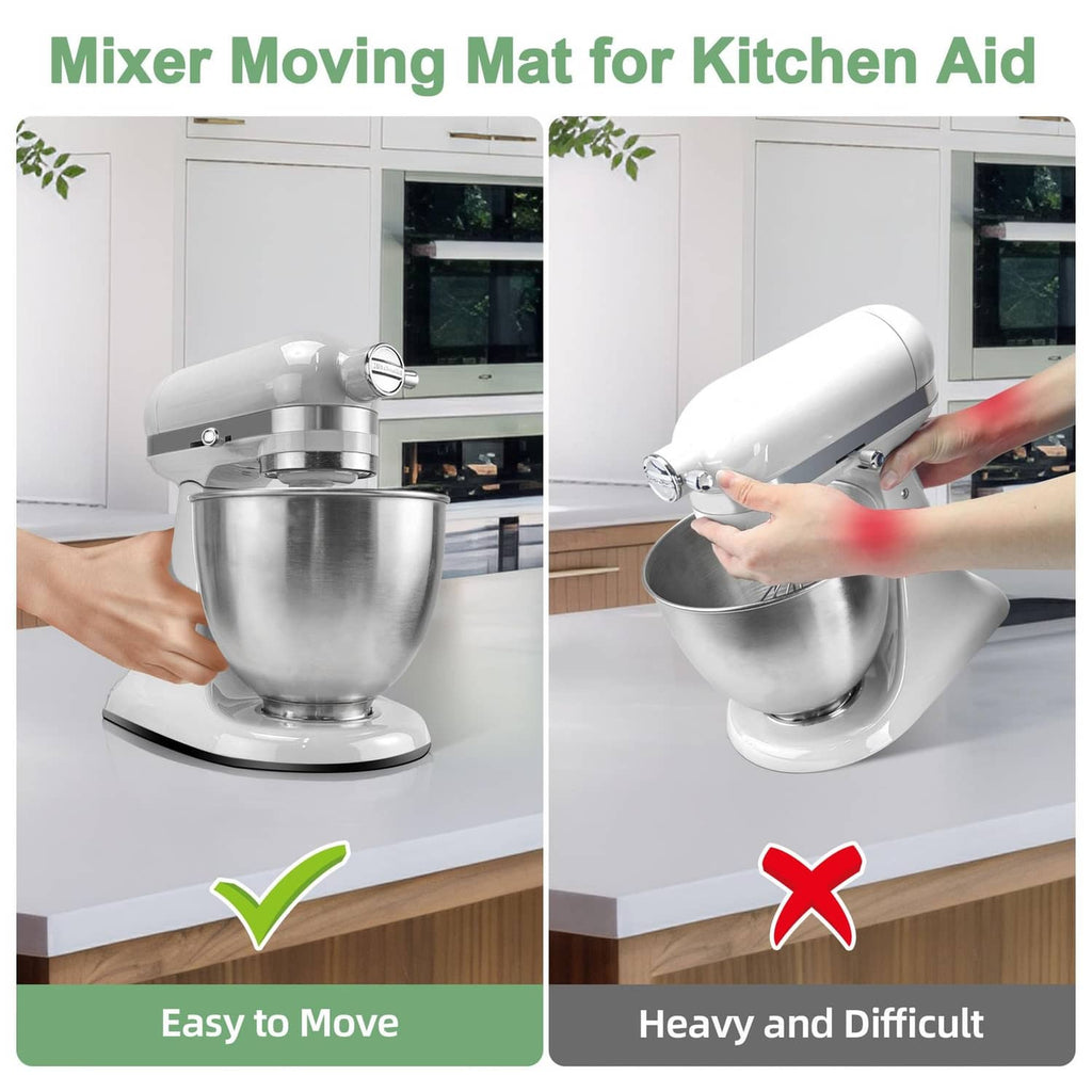 White oval moving mat under stand mixer; hand slides mixer for easier movement