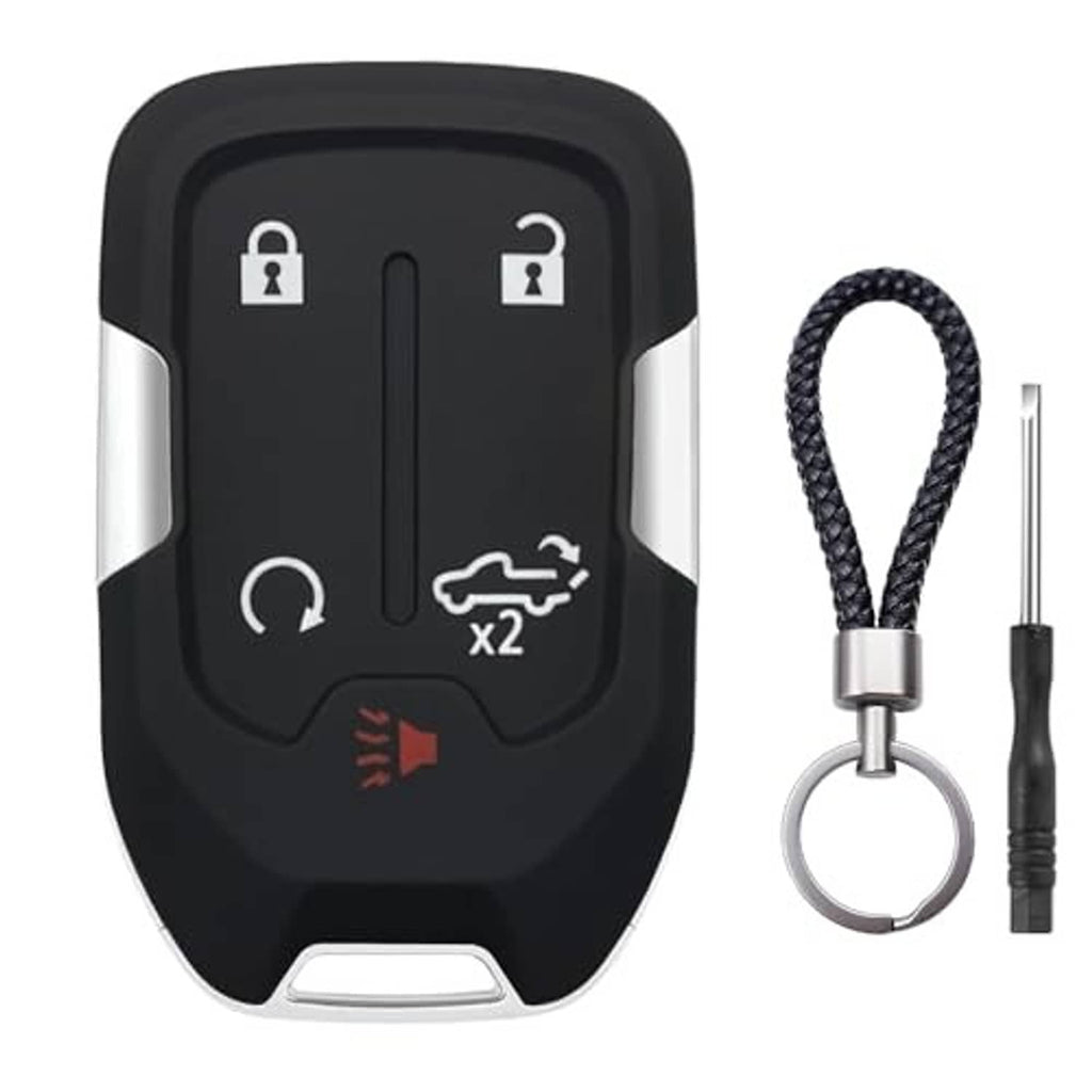 Black key fob shell case replacement with key ring, braided lanyard, and metal tool