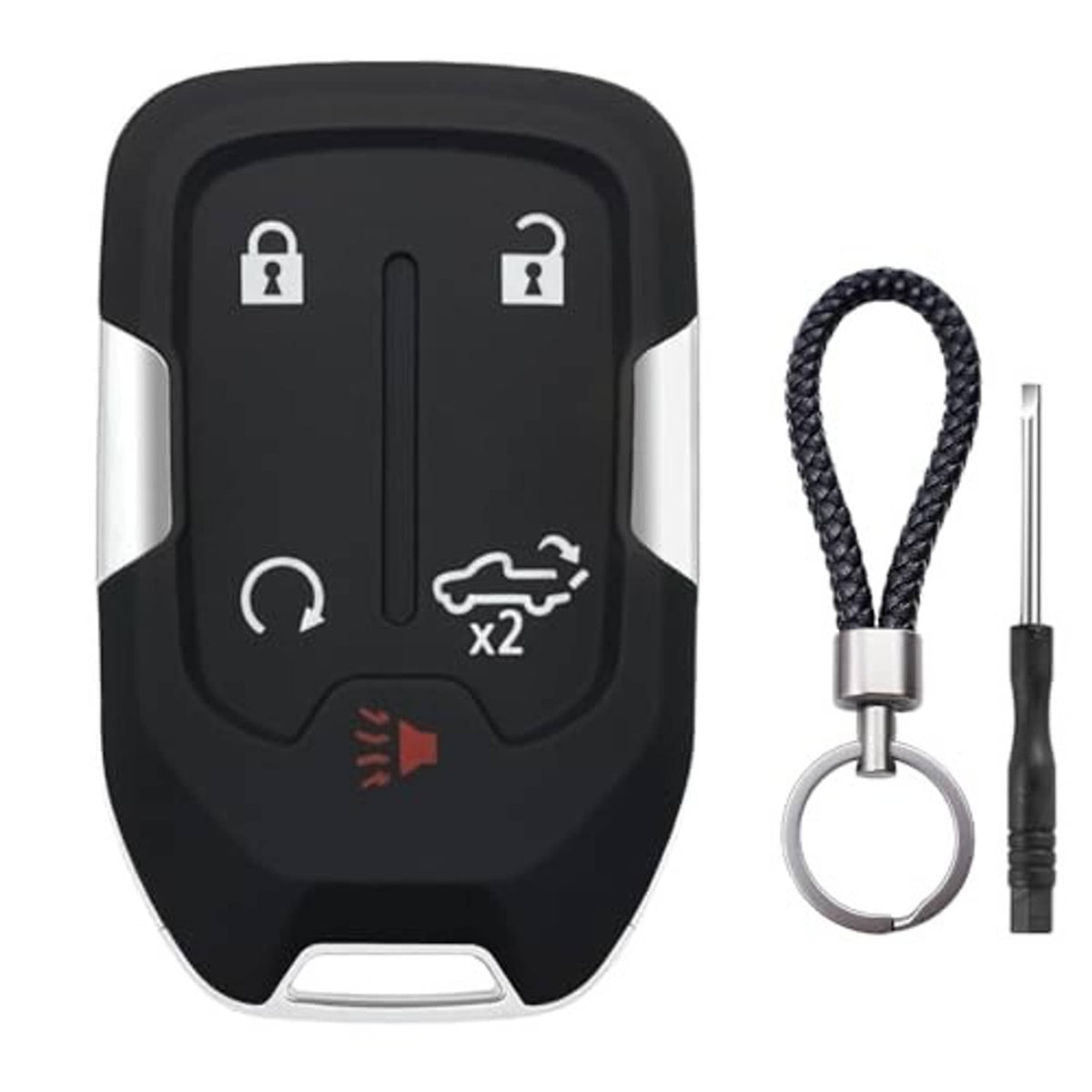 Black key fob shell case replacement with key ring, braided lanyard, and metal tool