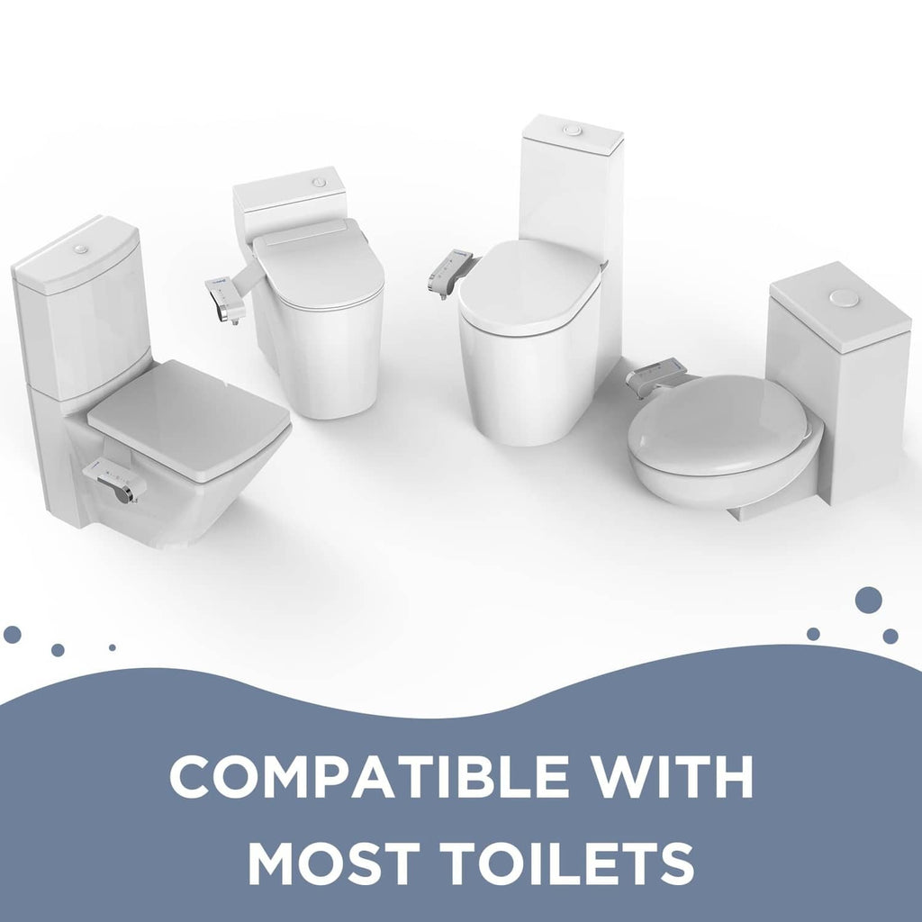 White non-electric bidet attachment shown on multiple toilet styles