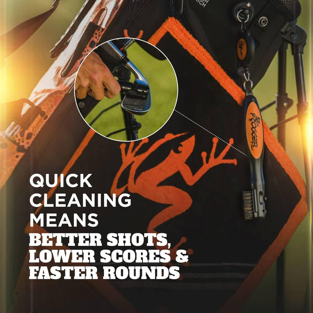 Golf club cleaner brush head scrubbing a club face, with bristles visible on contact