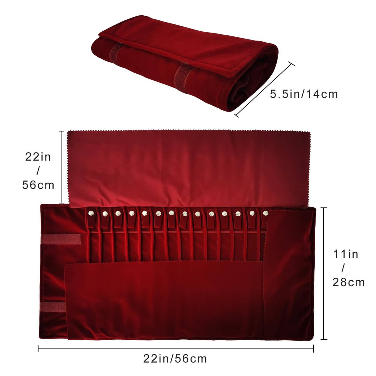 Burgundy jewelry roll organizer with size marks and folded compact travel design