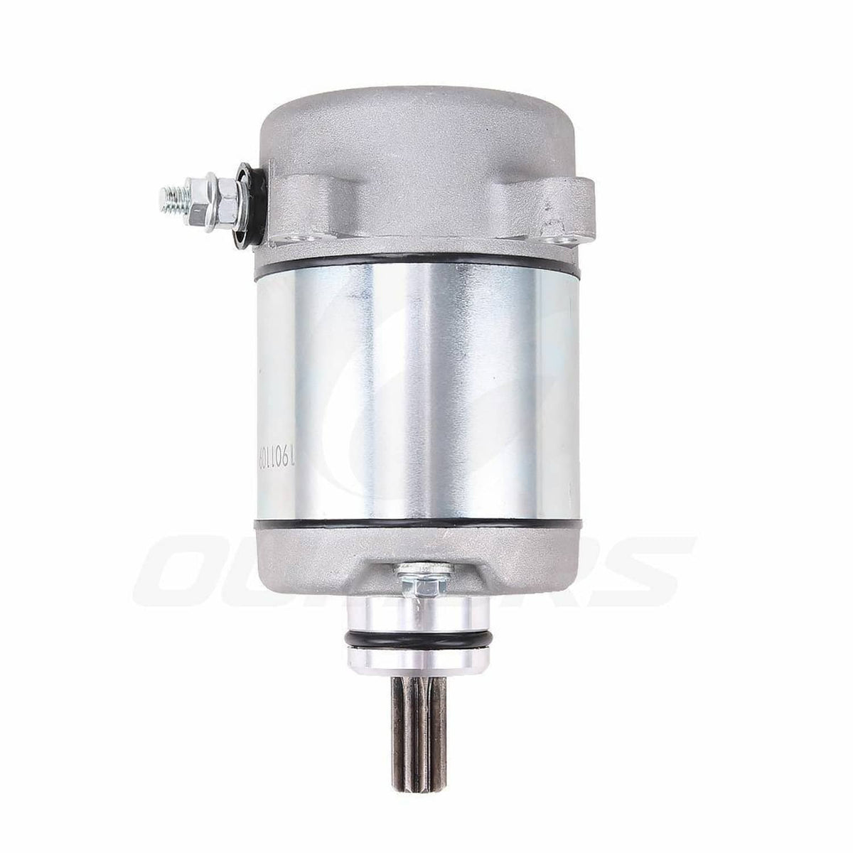 Starter motor top view with cylindrical body and side mounting brackets