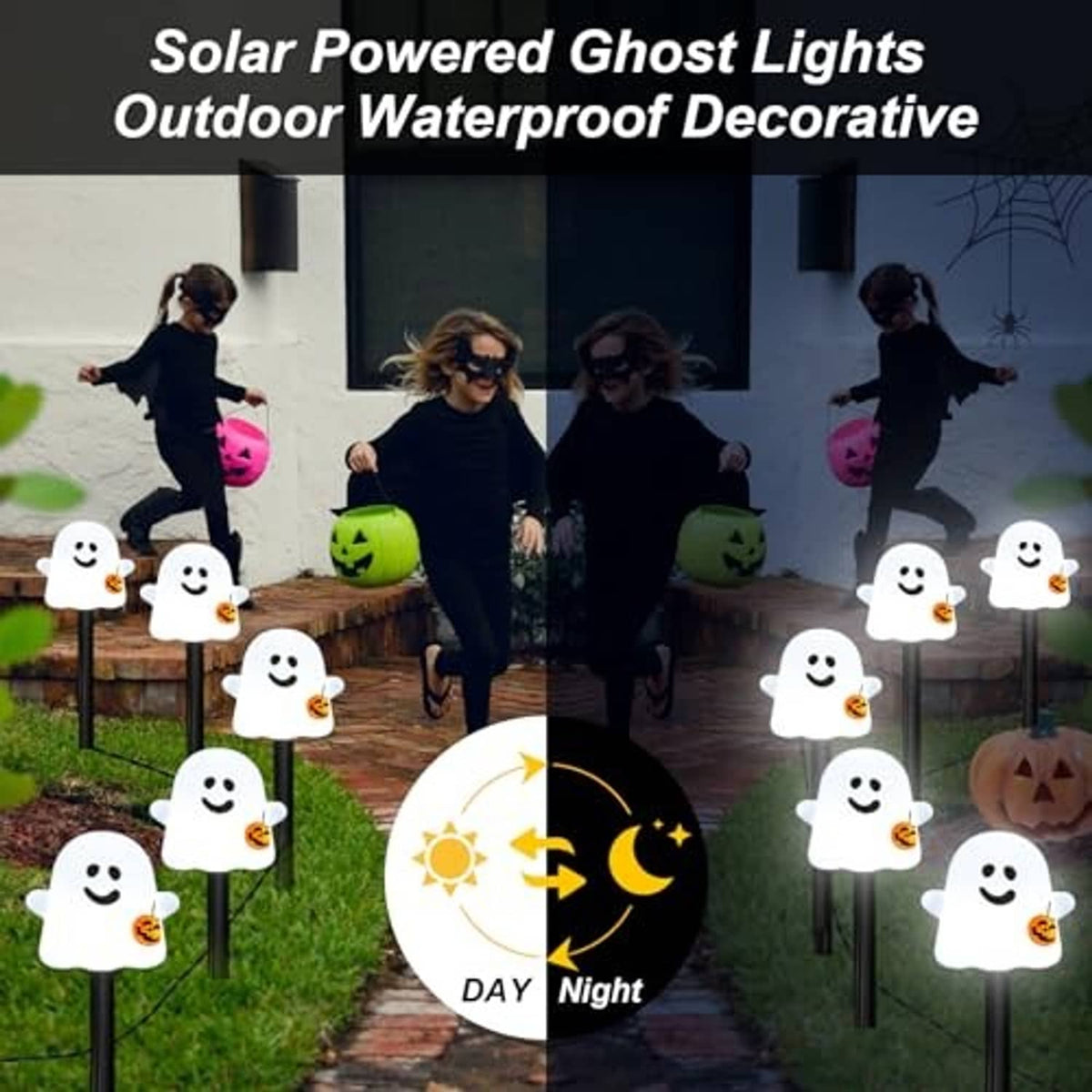 White smiling ghost solar pathway lights on stakes for outdoor walkway with cold white glow