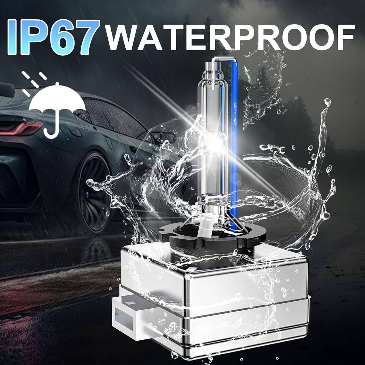 Waterproof HID xenon bulb set with silver housing, blue tube, and black mounting base