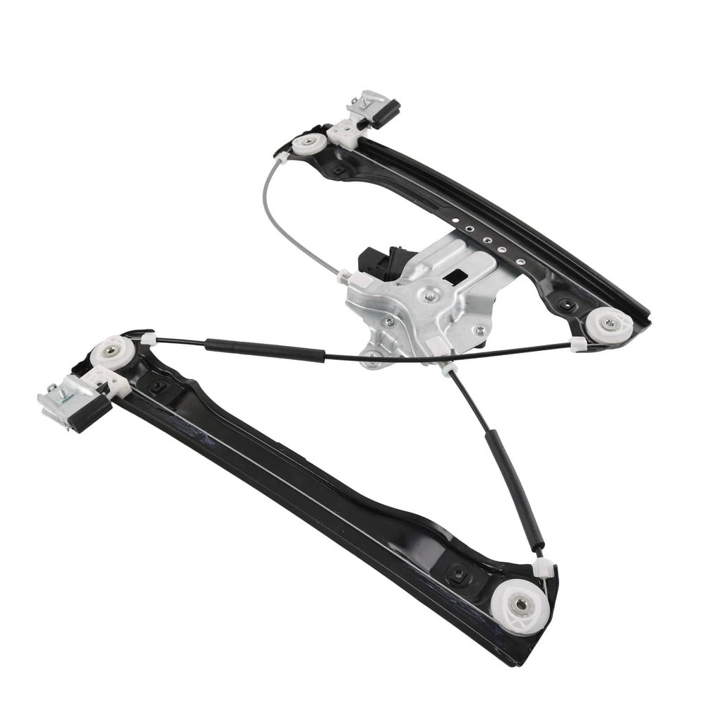 Window regulator with motor assembly and two black side rails, cable runs visible