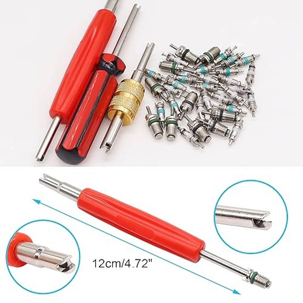 AC valve core remover tool with red grip, metal shaft, and extra valve cores