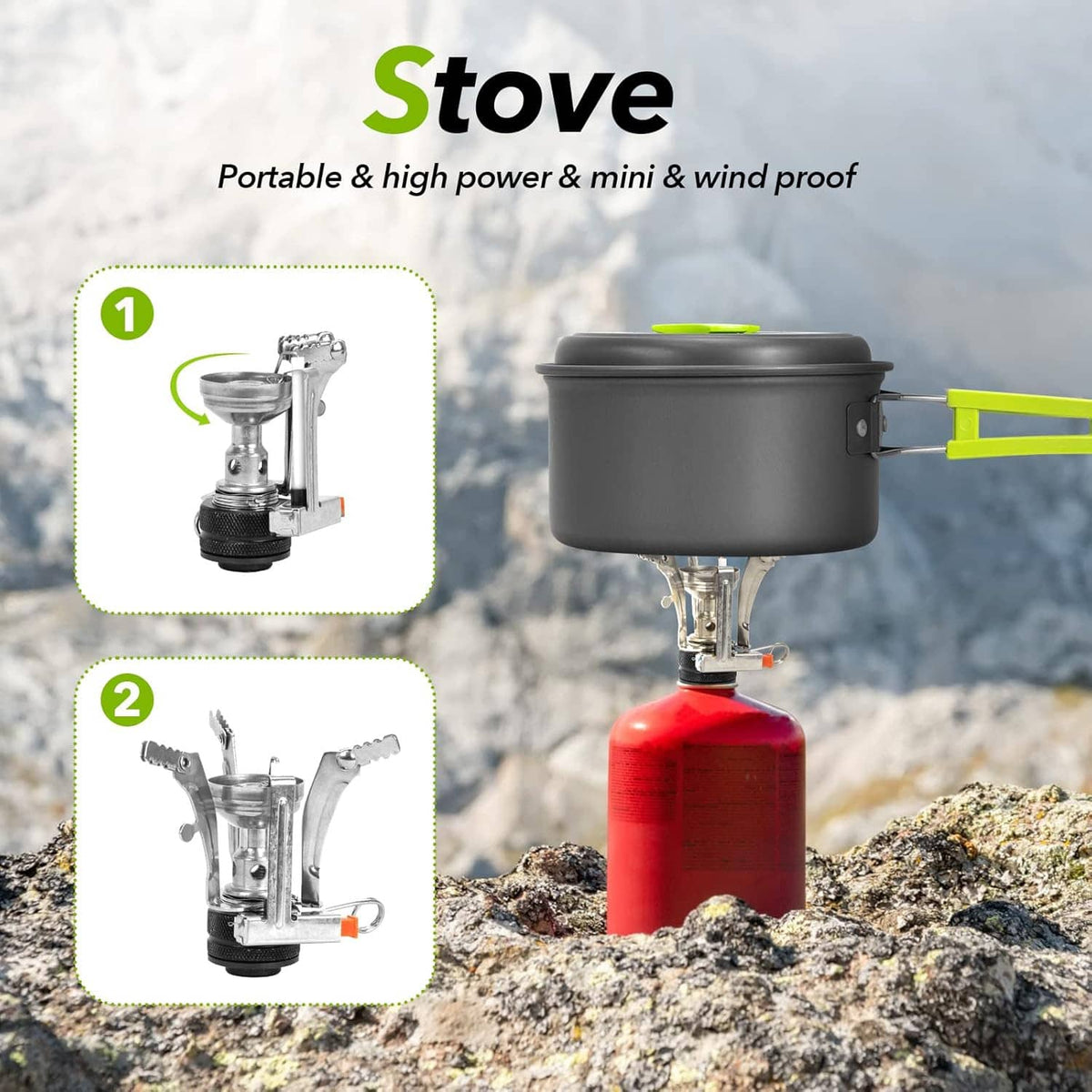 Gray camping pot on red portable stove with bright green handles, shown outdoors