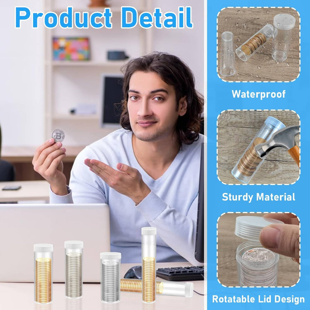 Clear plastic coin tube with white, rotatable lid design