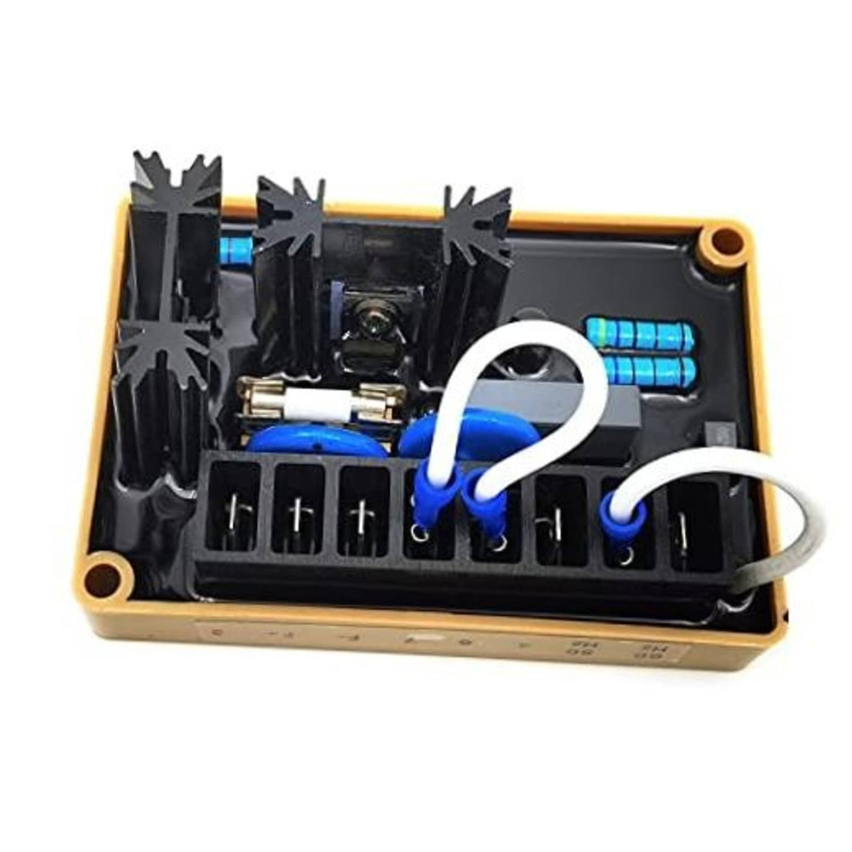 Automatic voltage regulator circuit board in beige housing with blue wiring and terminals