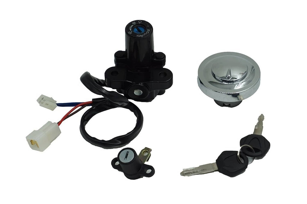 Ignition switch kit with chrome fuel cap cover, keys, and lock cylinders