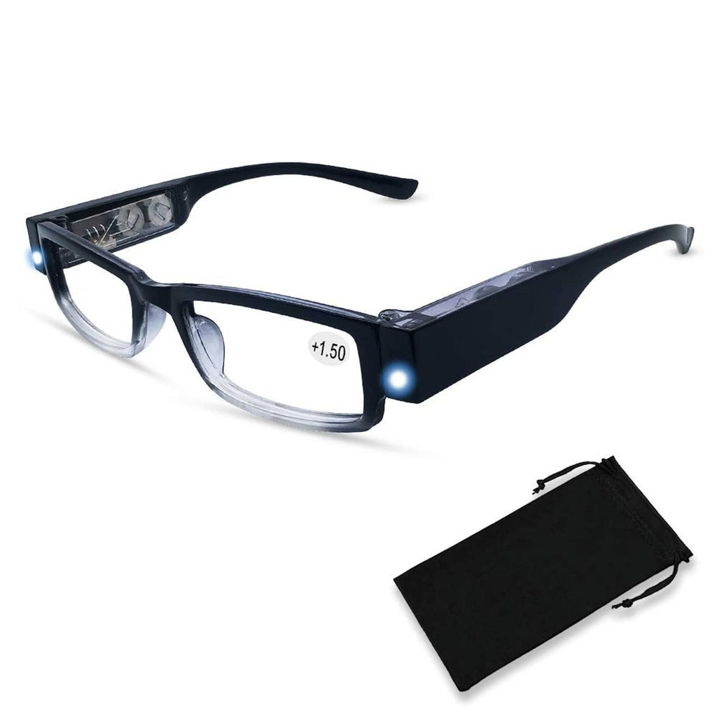 Black reading glasses with built-in LED lights and clear lenses, plus black storage pouch