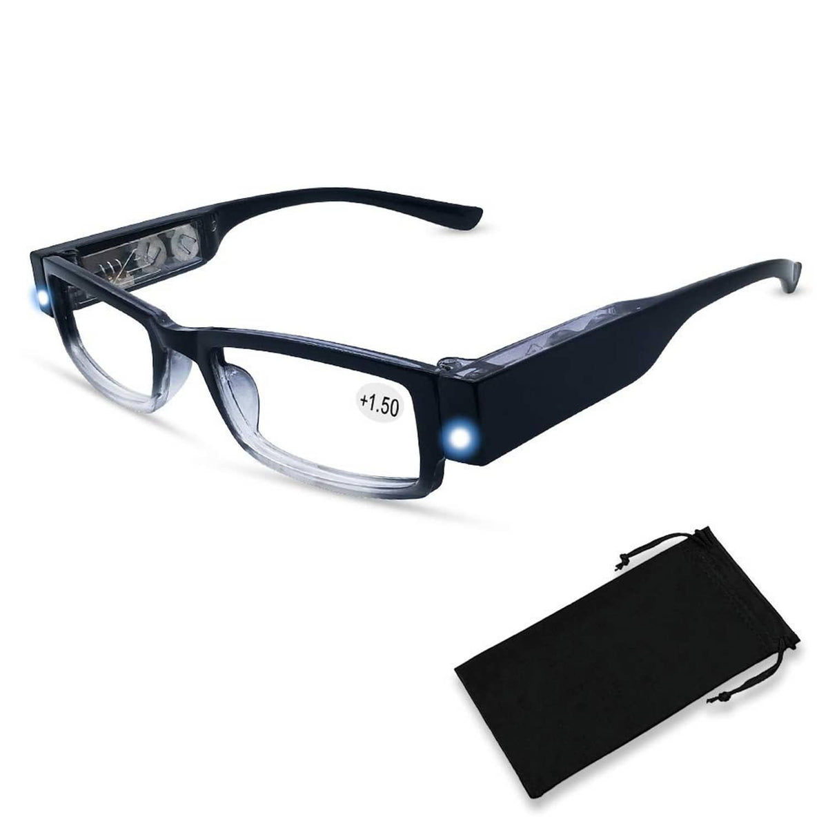 Black reading glasses with built-in LED lights and clear lenses, plus black storage pouch