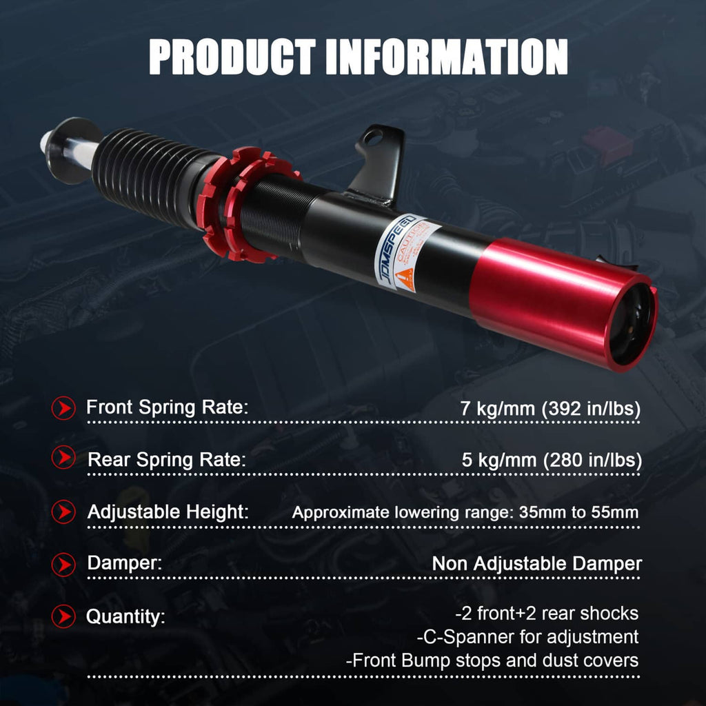 Adjustable coilover shock with black body, red spring perch and dust boot