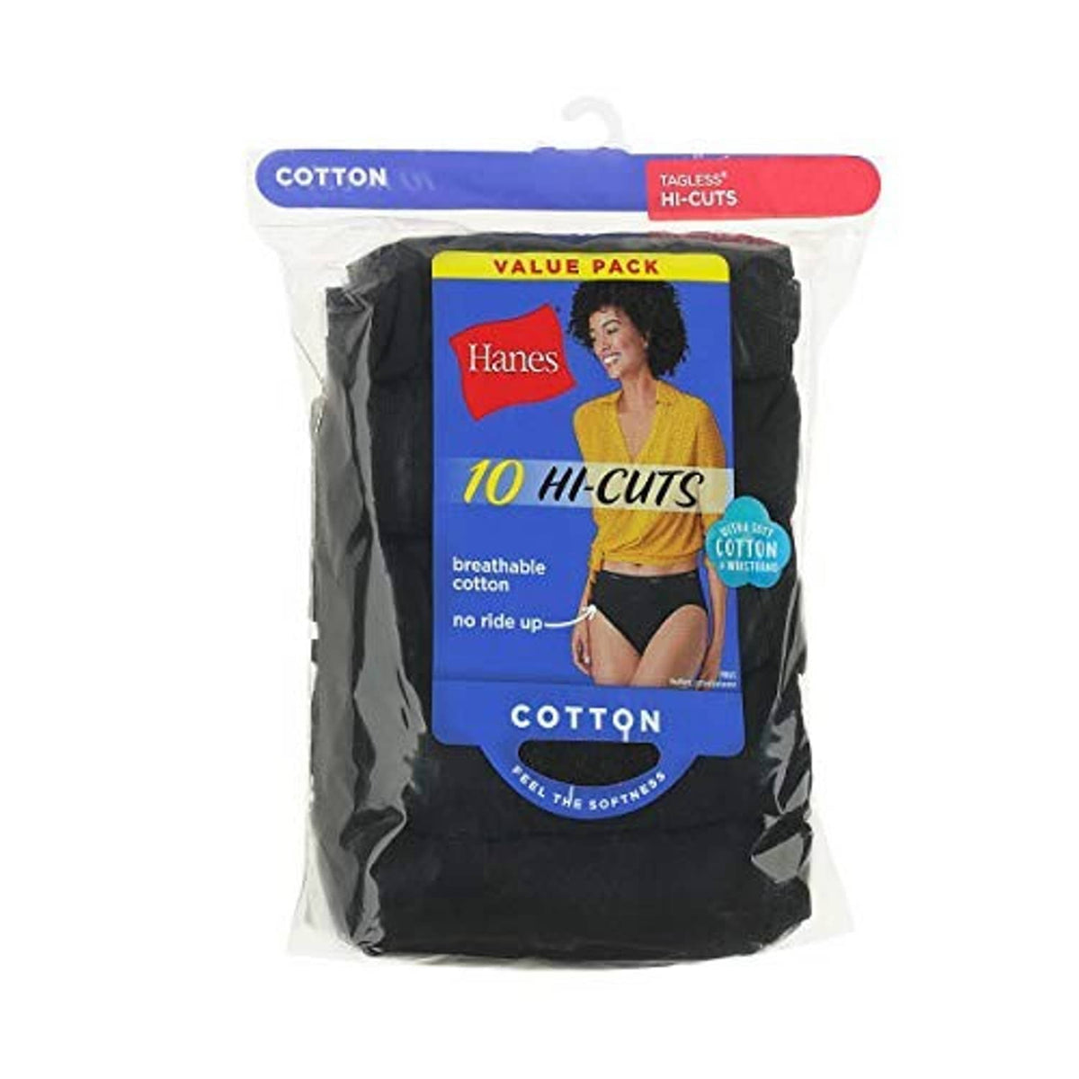Women's black hi-cut cotton underwear 10-pack in plastic bag, tagless