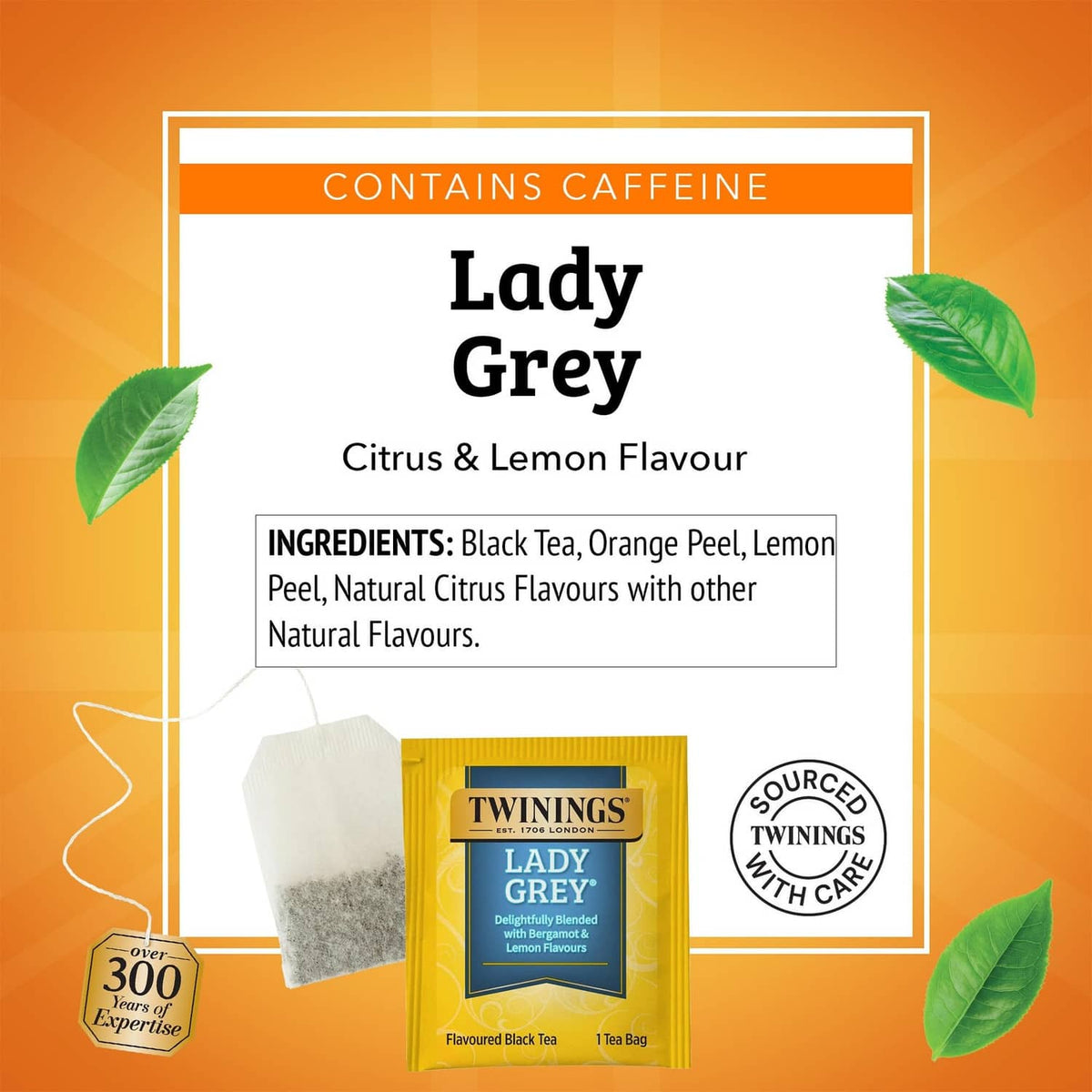 Twinings Lady Grey tea box back panel with caffeine notice, citrus & lemon ingredients