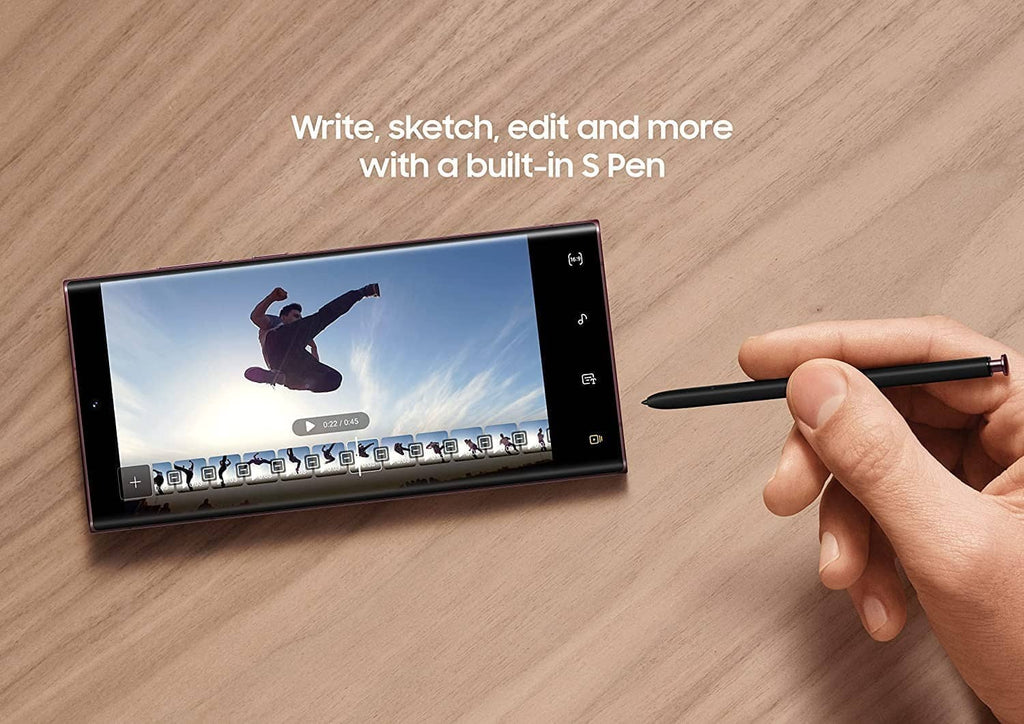 Black Bluetooth S Pen stylus in hand, poised to write on smartphone screen