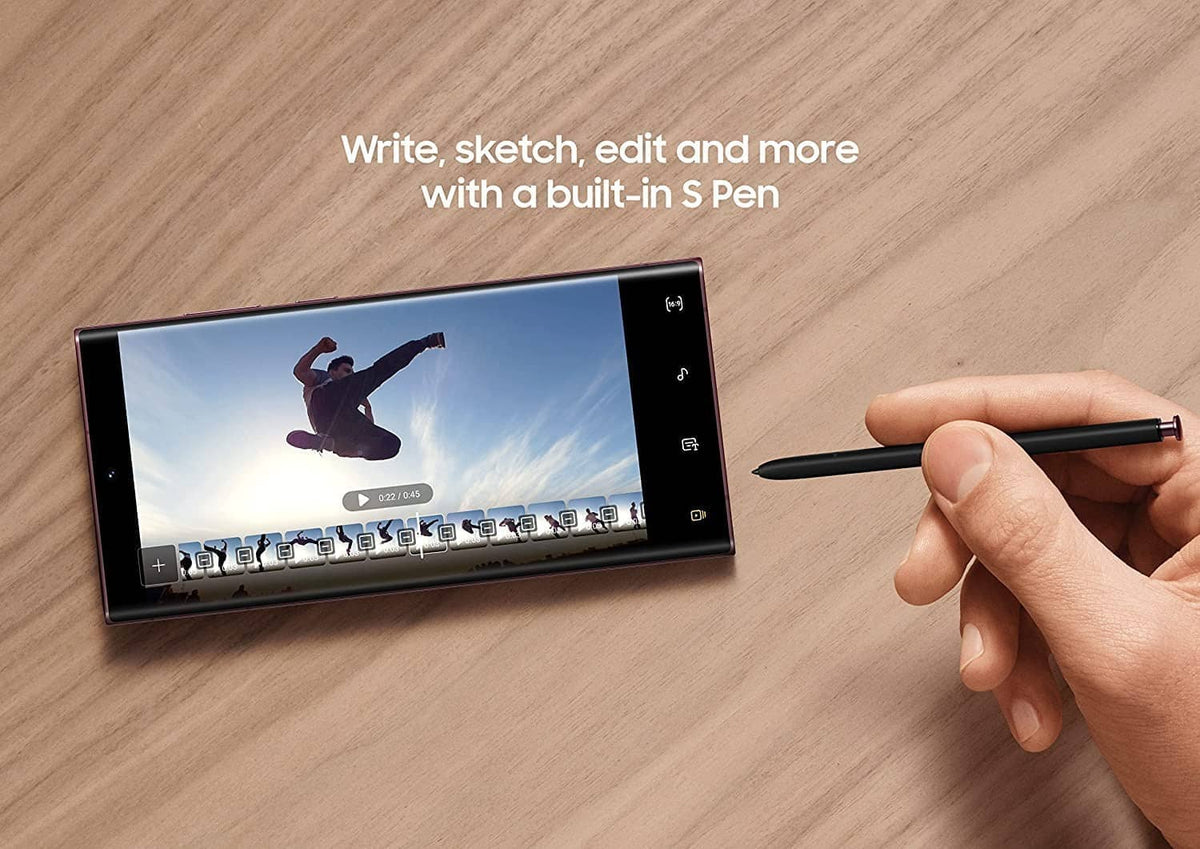 Black Bluetooth S Pen stylus in hand, poised to write on smartphone screen