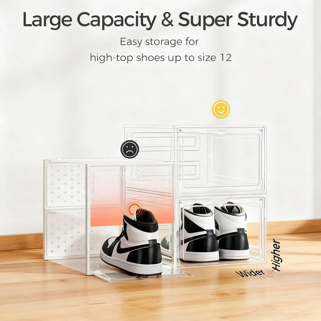 Clear shoe organizer cube with open front, multiple compartments for shoe pairs