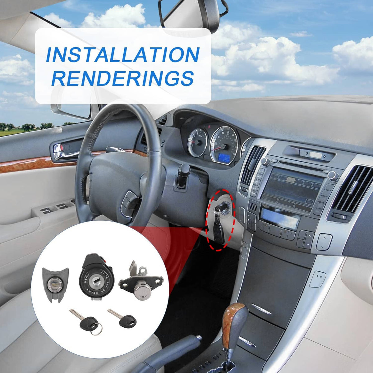 Front left door lock cylinder installation near steering column, with illustrated part inset