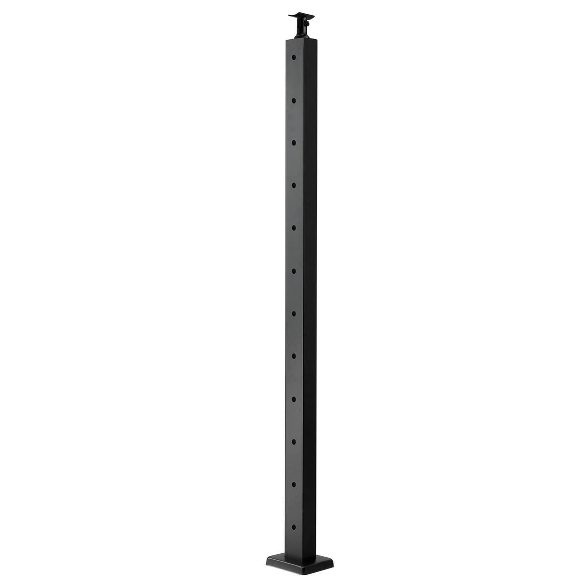 Black cable railing post with top cap and evenly spaced drilled holes