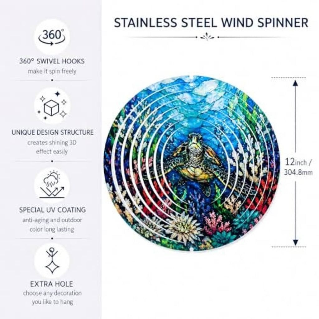Round blue sea turtle wind spinner diagram with metal swirl rings and hanging hook.