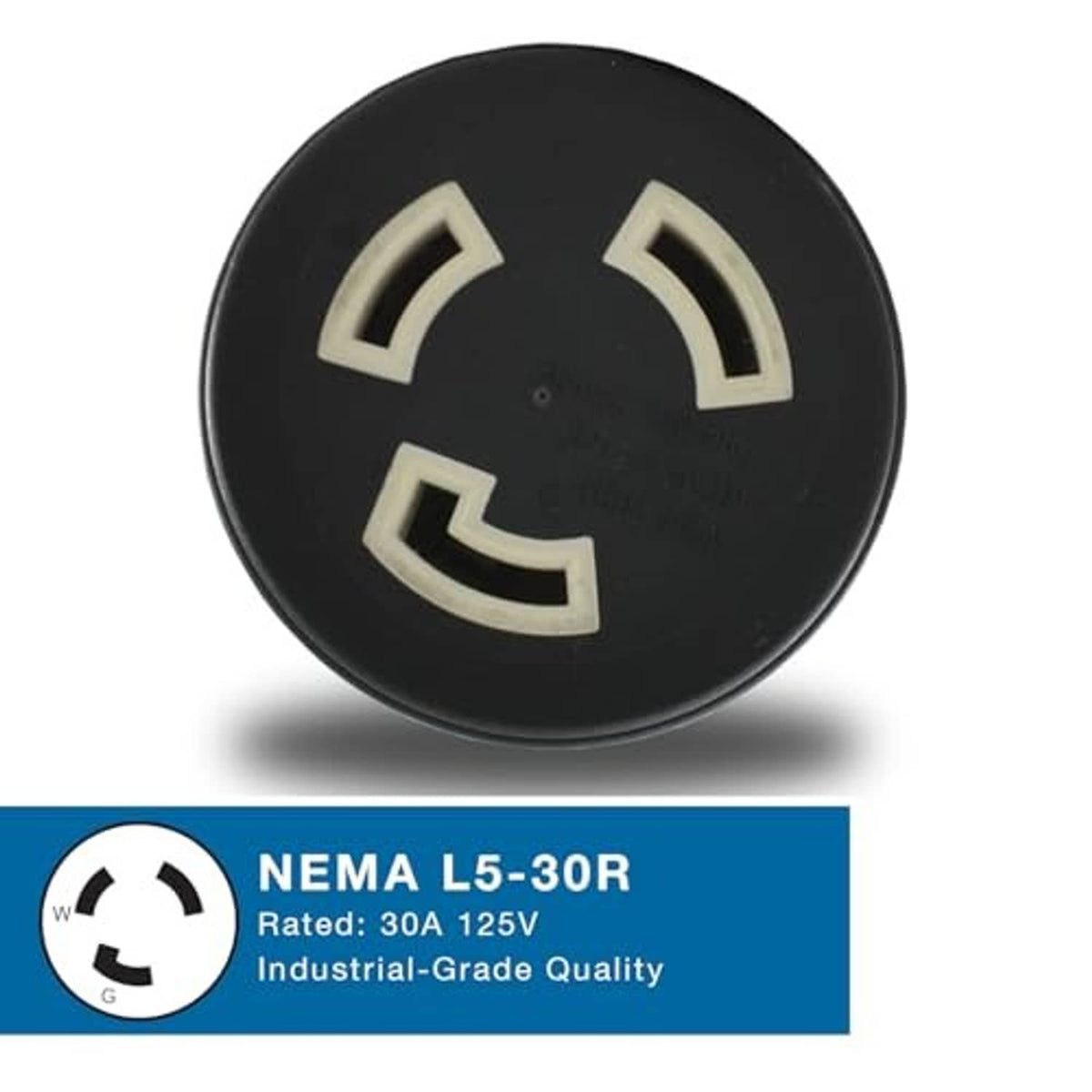 Black NEMA L5-30R plug face with three angled openings and center ground