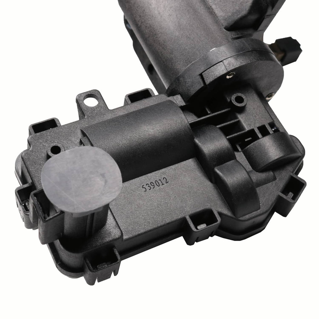 Close-up of black actuator fork housing with round cap and molded electrical connector