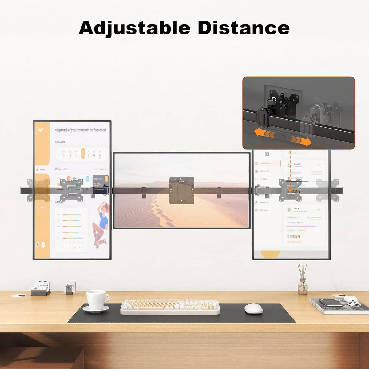 Triple monitor wall mount with adjustable distance feature for three screens in line