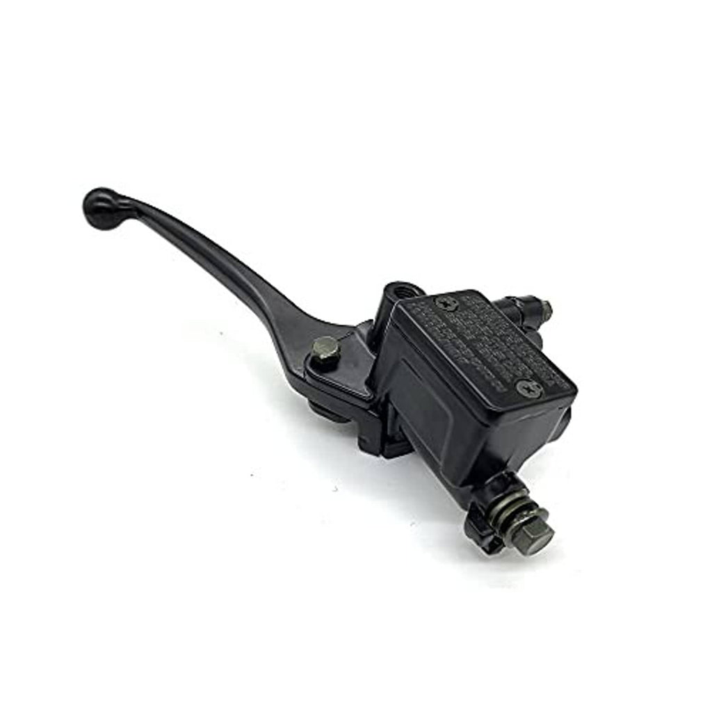 Right-hand motorcycle brake master cylinder with black lever and side pressure-line fitting