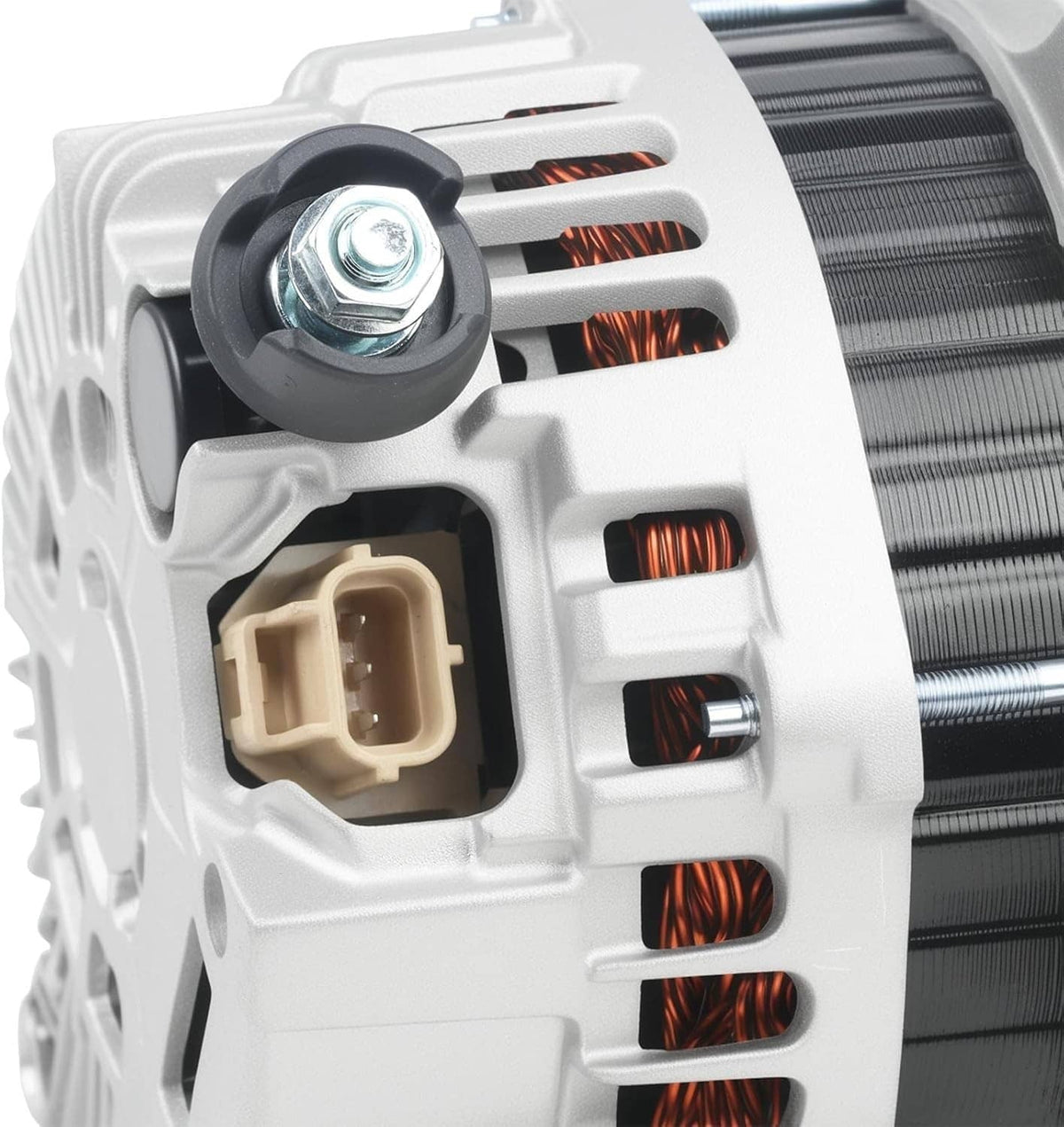 Alternator close-up showing mounting bolt, connector, and copper winding slots