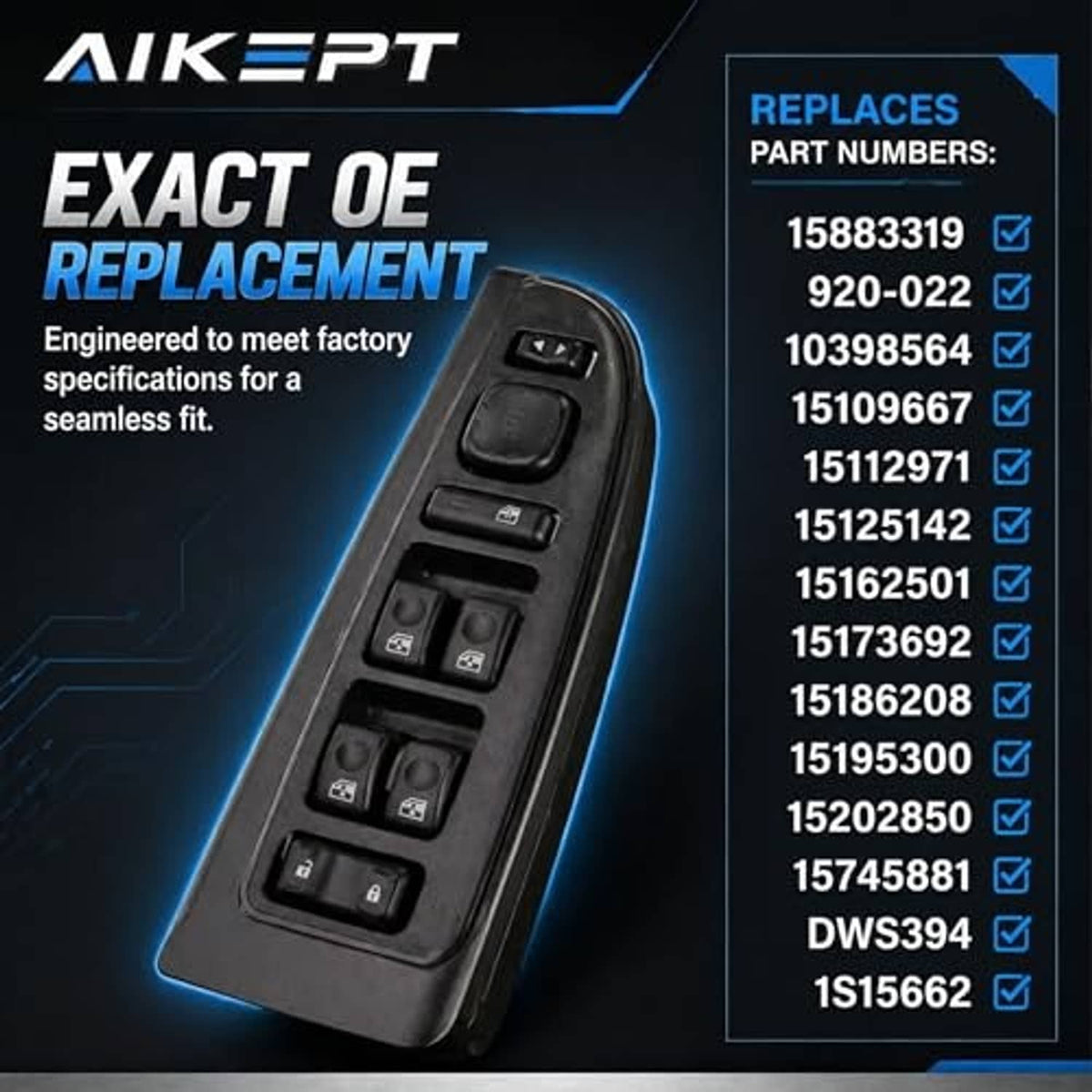 Black power window switch panel with integrated buttons and rocker controls